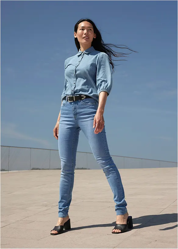 Jeansbluse mit Puff&auml;rmeln aus Bio-Baumwolle, bonprix