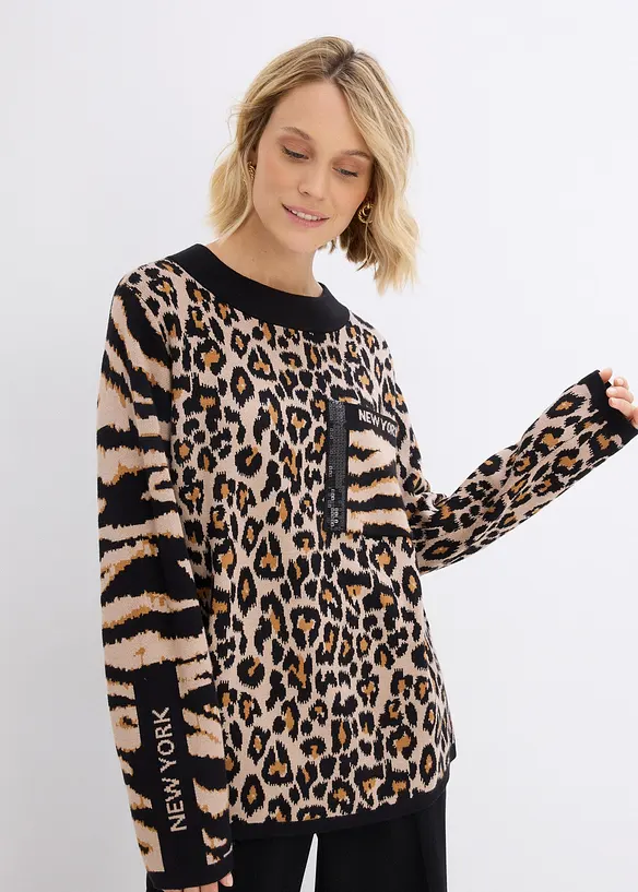 Feinstrickpullover im Leoprint Design, bonprix