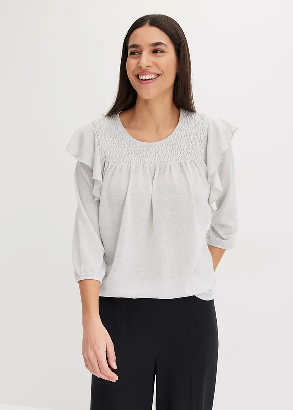 T-shirt volanté manches 3/4 avec fil lurex, bonprix