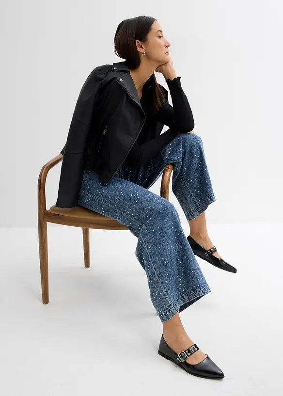Jean large taille mi-haute à strass, bonprix