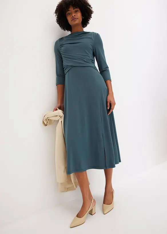 Robe midi drapée manches 3/4, bonprix