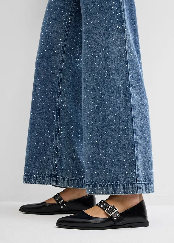 Wide-Leg-Jeans Mid Waist Bequembund mit Strass, bonprix