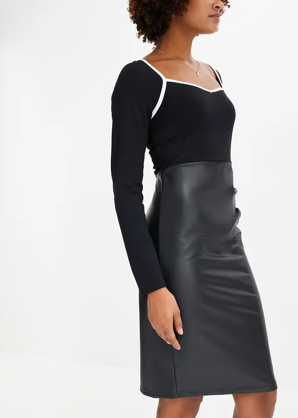 Figurbetontes Jerseykleid mit Lederimitat, bonprix