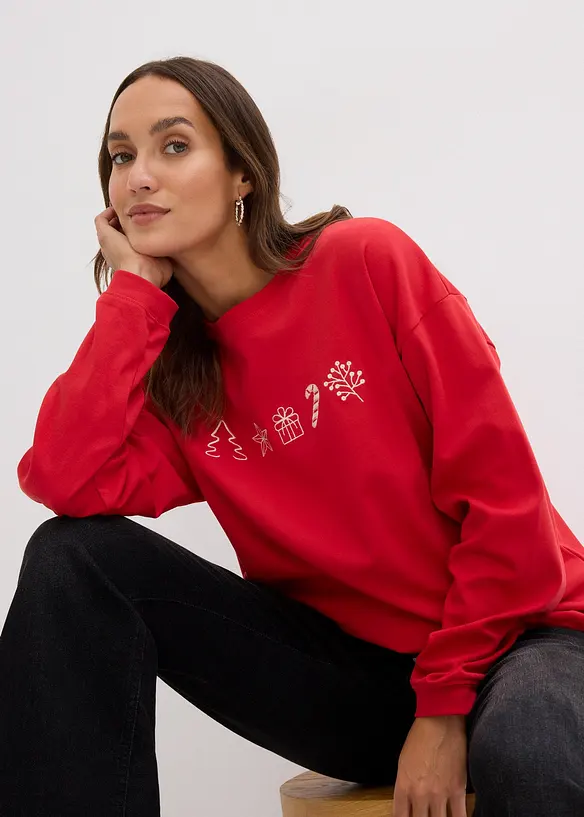 Besticktes Weihnachts-Langarmshirt, oversized, bonprix