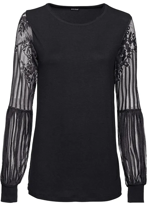 T-shirt manches longues viscose et dentelle, bonprix