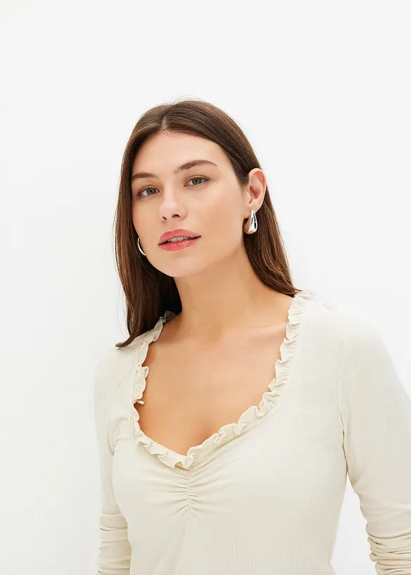 T-shirt côtelé à encolure froncée et volantée, bonprix