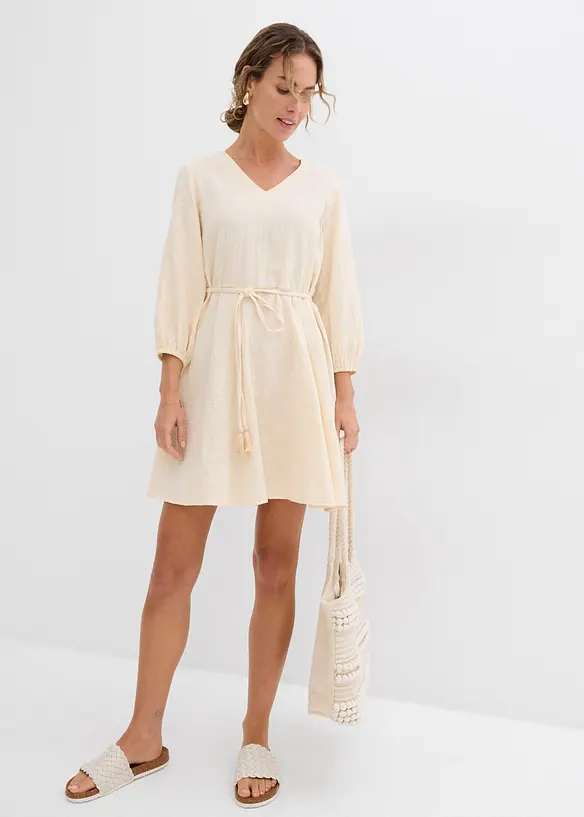 Robe courte patineuse avec ceinture à nouer et manches 3/4 amples, bonprix