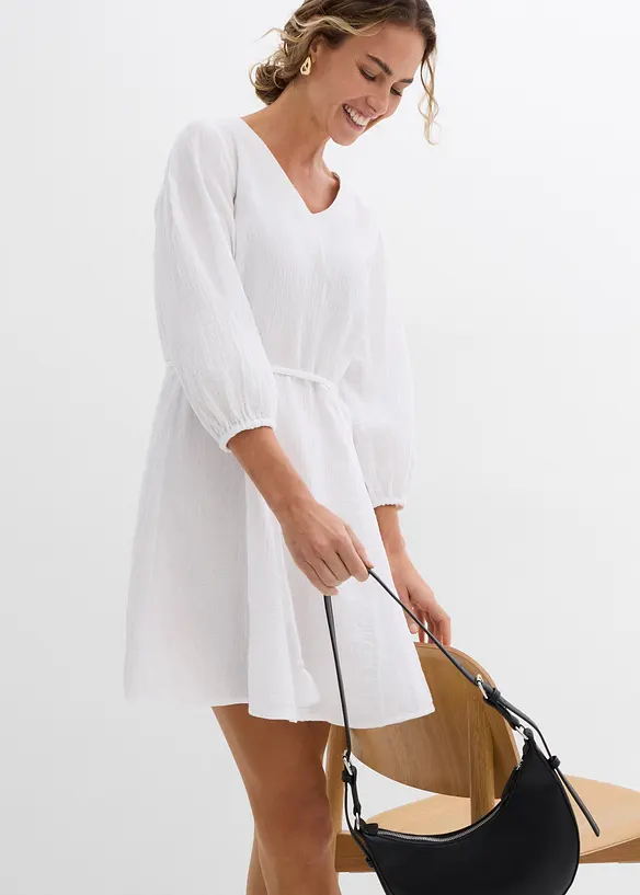 Robe courte patineuse avec ceinture à nouer et manches 3/4 amples, bonprix