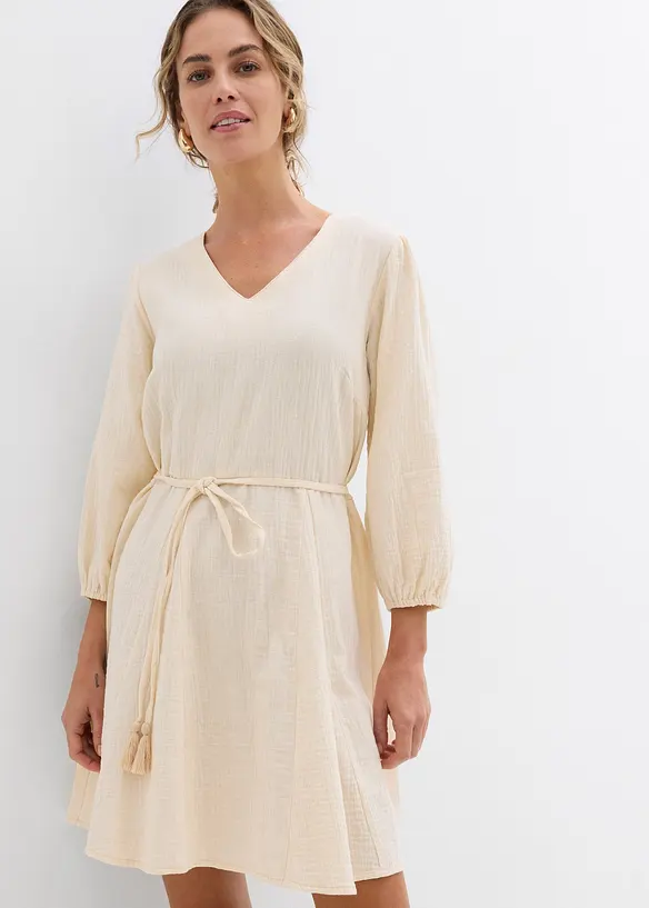 Robe courte patineuse avec ceinture à nouer et manches 3/4 amples, bonprix