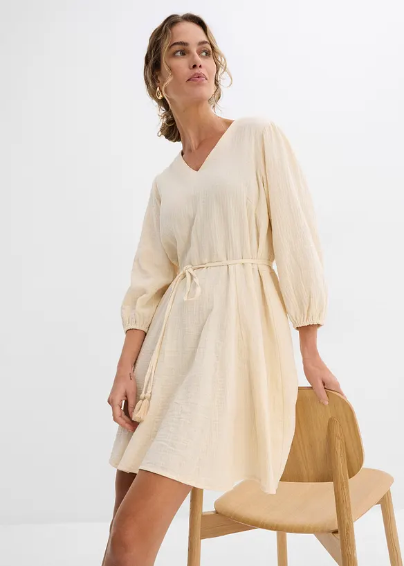 Robe courte patineuse avec ceinture à nouer et manches 3/4 amples, bonprix
