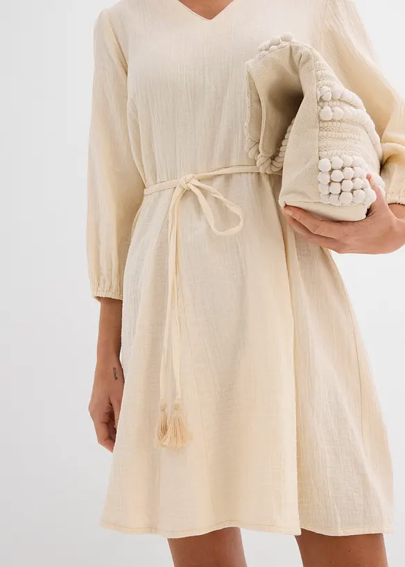 Robe courte patineuse avec ceinture à nouer et manches 3/4 amples, bonprix