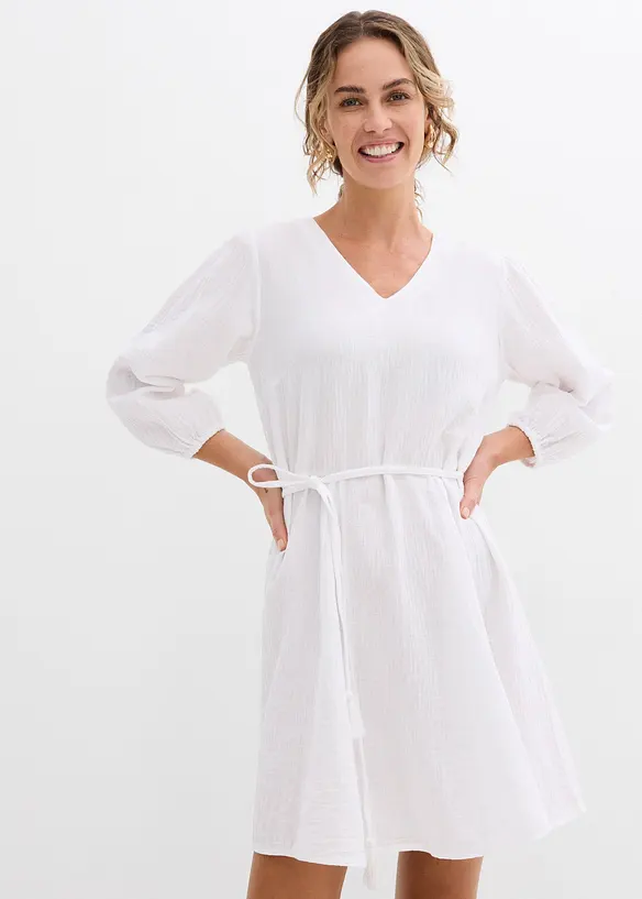 Robe courte patineuse avec ceinture à nouer et manches 3/4 amples, bonprix