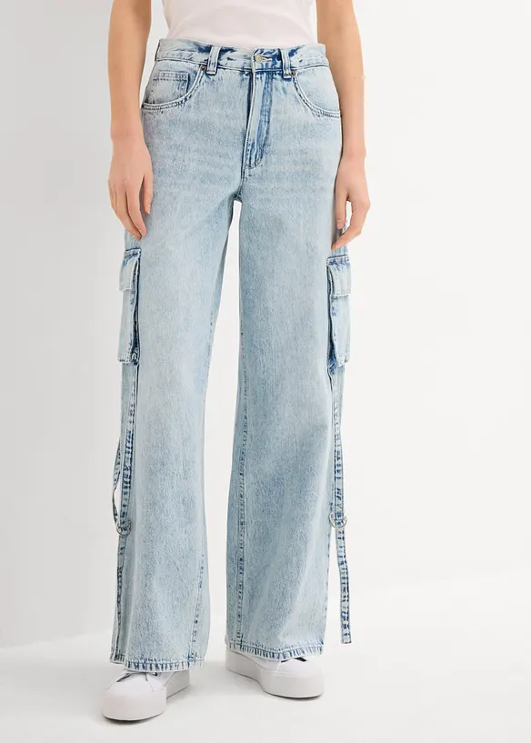 Jean cargo taille mi-haute, peu extensible, long, bonprix
