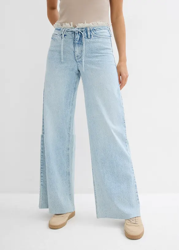 Wide-Leg-Jeans, Mid Waist, Low Stretch Fransenbund, bonprix