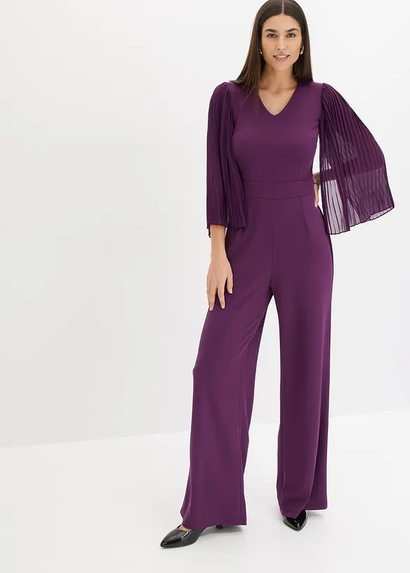Jersey-Overall mit Plissee-Ärmel aus feinem Chiffon, bonprix