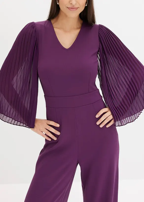 Jersey-Overall mit Plissee-Ärmel aus feinem Chiffon, bonprix