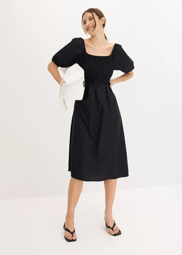 Robe midi à manches bouffantes et haut smocké, bonprix