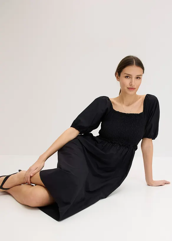 Robe midi à manches bouffantes et haut smocké, bonprix