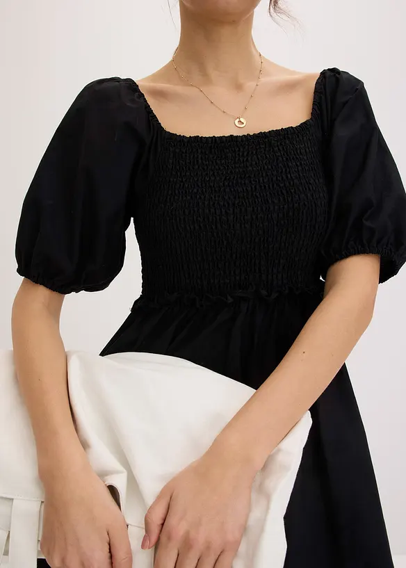 Robe midi à manches bouffantes et haut smocké, bonprix