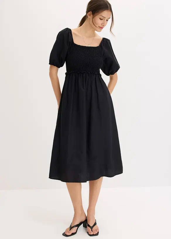 Robe midi à manches bouffantes et haut smocké, bonprix