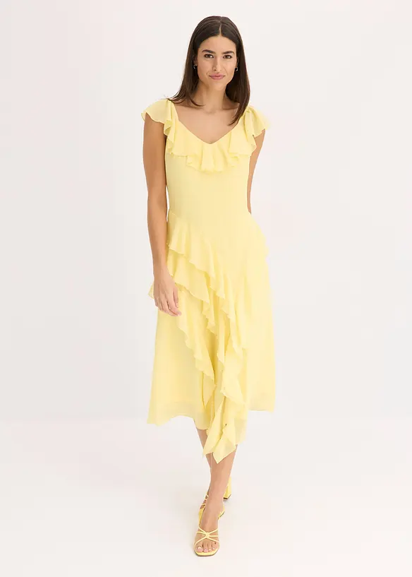 Robe en crêpe avec bretelles et volants, bonprix