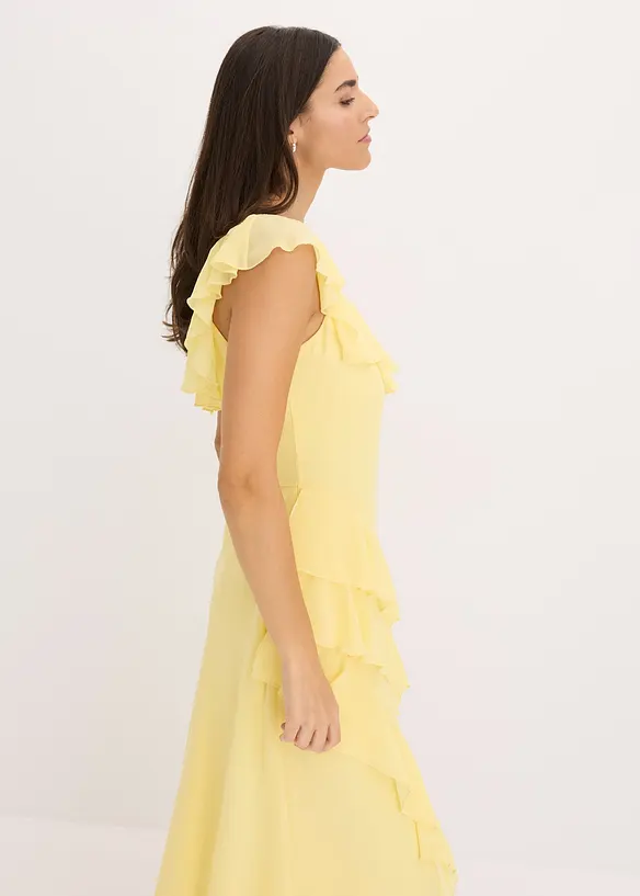 Robe en crêpe avec bretelles et volants, bonprix