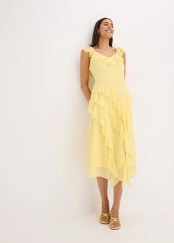 Robe en crêpe avec bretelles et volants, bonprix