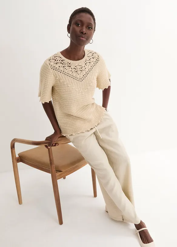 Ajour-Pullover mit Leinenanteil, bonprix