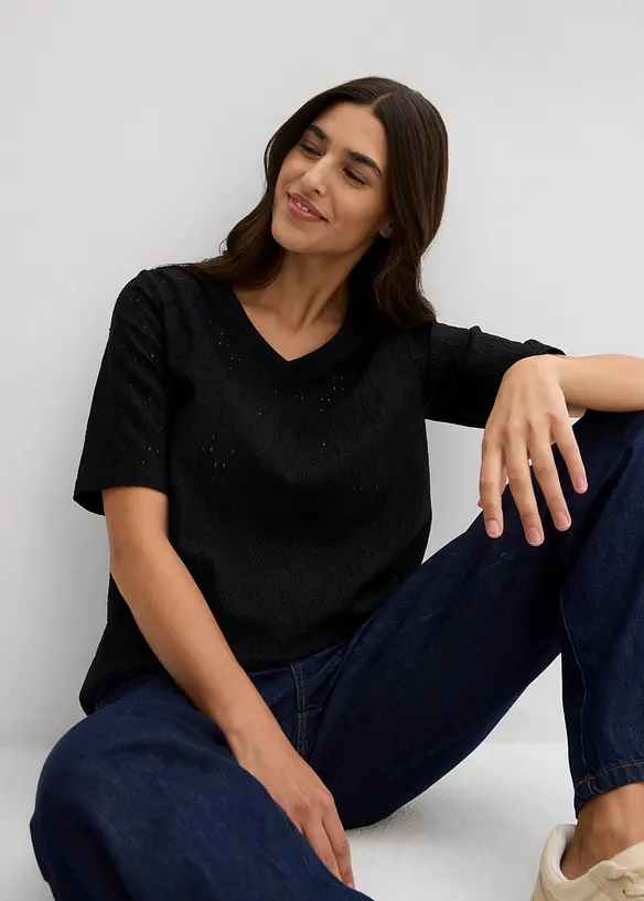 T-shirt en crêpe avec broderies anglaises, bonprix