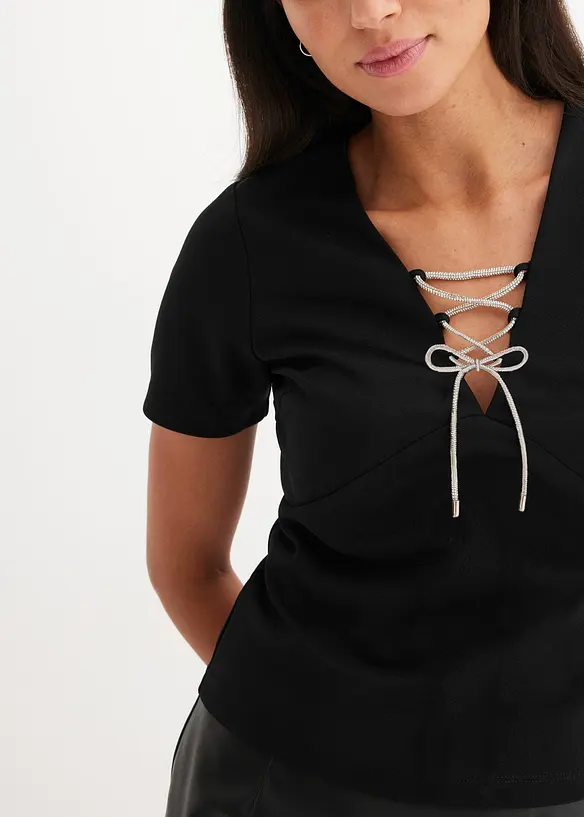 T-shirt cropped avec lien brillant à nouer sur l’encolure, bonprix