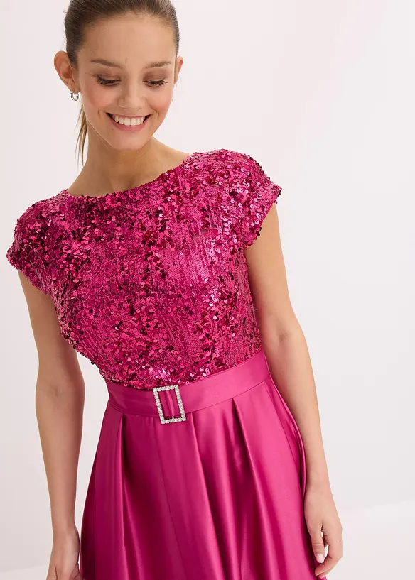 Maxikleid aus glänzendem Satin mit Spitze, bonprix