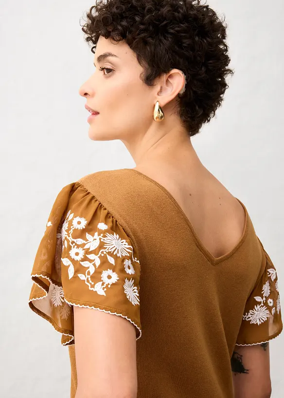 Stricktop mit Seidenanteil und Chiffonärmeln, bonprix