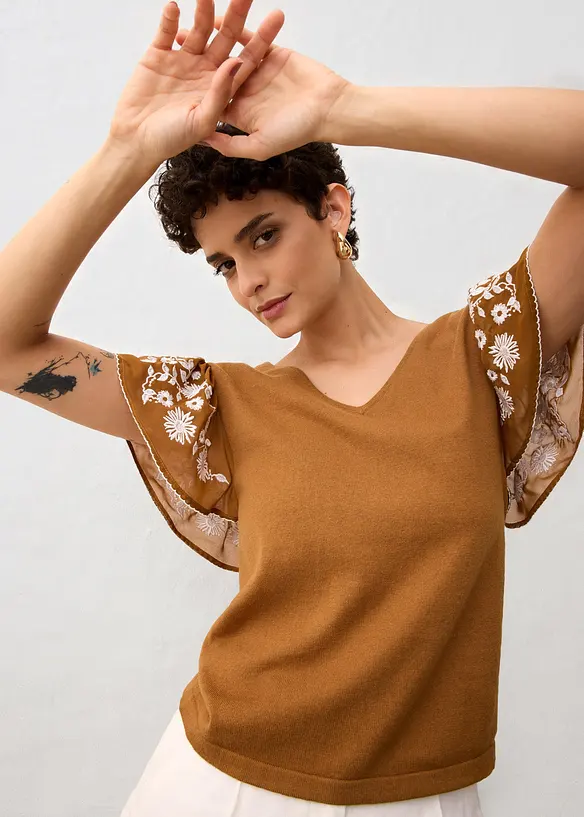 Stricktop mit Seidenanteil und Chiffonärmeln, bonprix