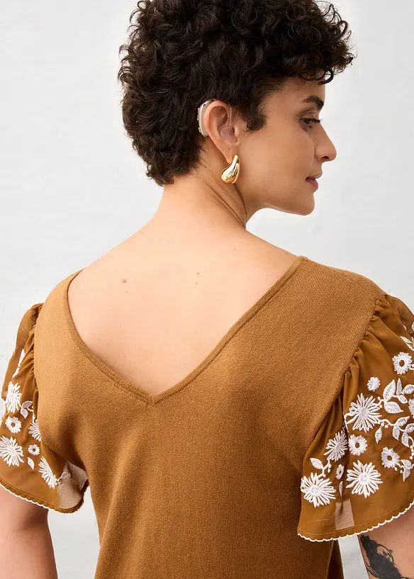 Stricktop mit Seidenanteil und Chiffonärmeln, bonprix