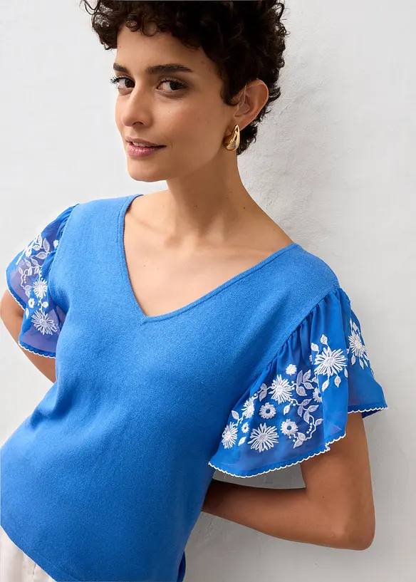Haut en maille coton et soie avec manches en crêpe, bonprix