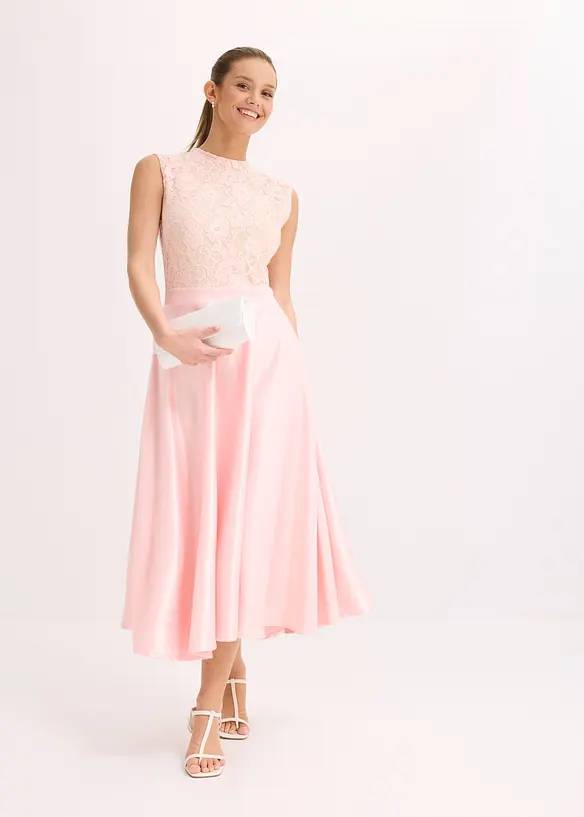 Midikleid aus glänzendem Satin mit Spitze, bonprix