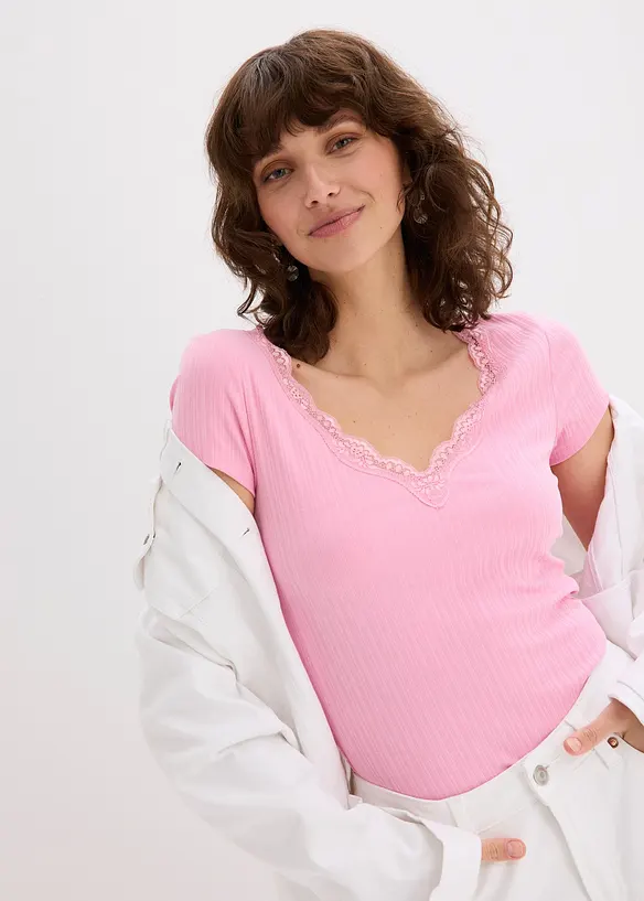 Rippshirt mit Spitzendetail (2er Pack), bonprix