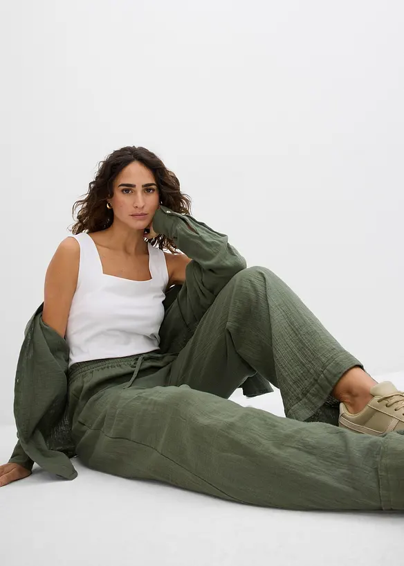 Pantalon taille élastiquée en légère gaze de coton, bonprix