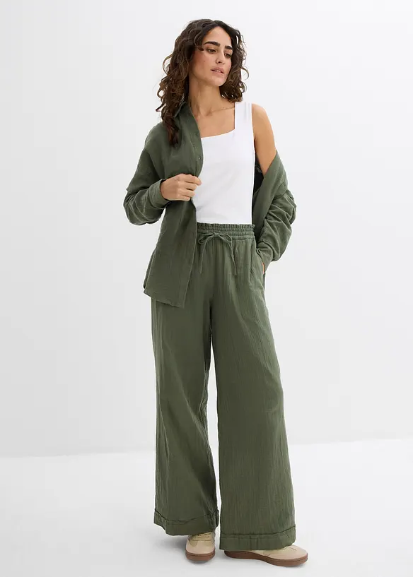 Pantalon taille élastiquée en légère gaze de coton, bonprix