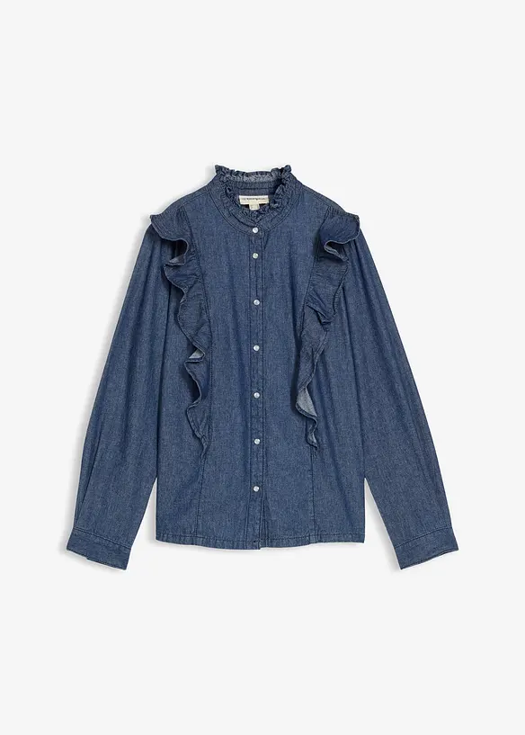 Jeansbluse mit Volants, aus reiner Baumwolle, bonprix