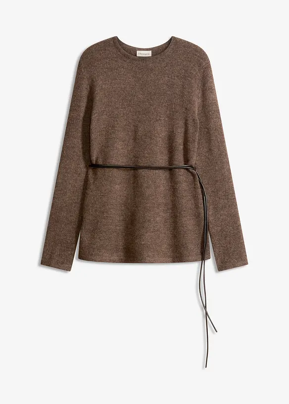 Strickshirt mit Wollanteil und Lederimitat- Bindeband, bonprix