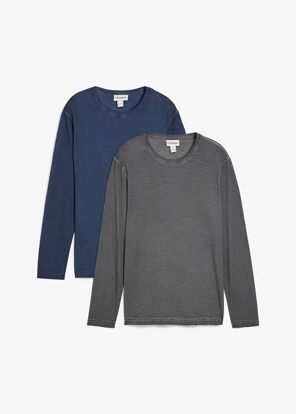 Lot de 2 T-shirts manches longues aspect délavé, bonprix