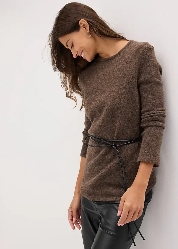 Strickshirt mit Wollanteil und Lederimitat- Bindeband, bonprix