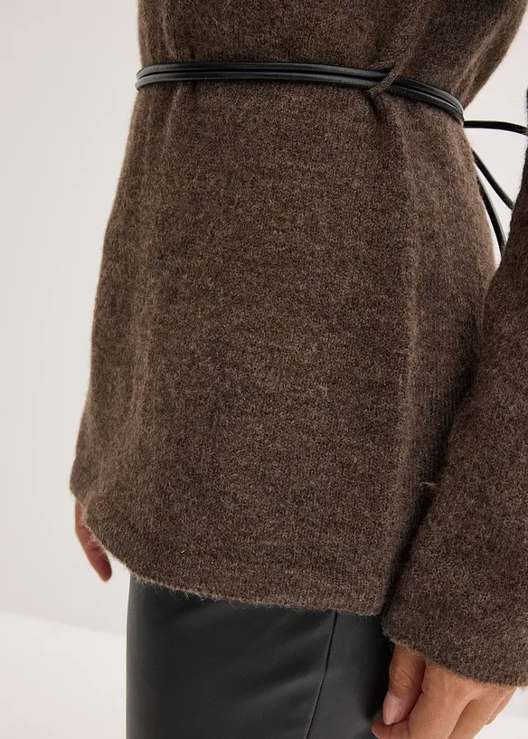 Strickshirt mit Wollanteil und Lederimitat- Bindeband, bonprix