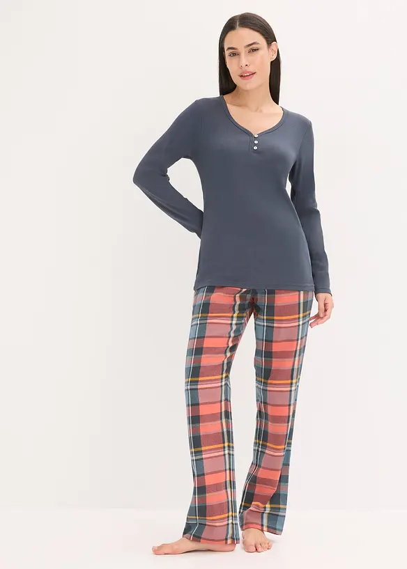Pyjama mit Rippshirt und Flanellhose aus Glitzergarn, bonprix