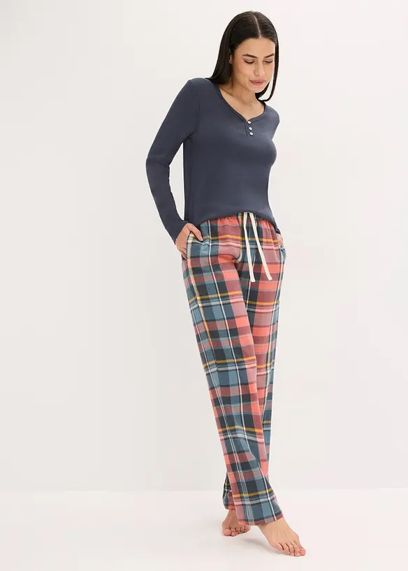 Pyjama mit Rippshirt und Flanellhose aus Glitzergarn, bonprix