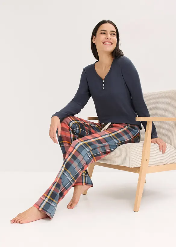 Pyjama mit Rippshirt und Flanellhose aus Glitzergarn, bonprix