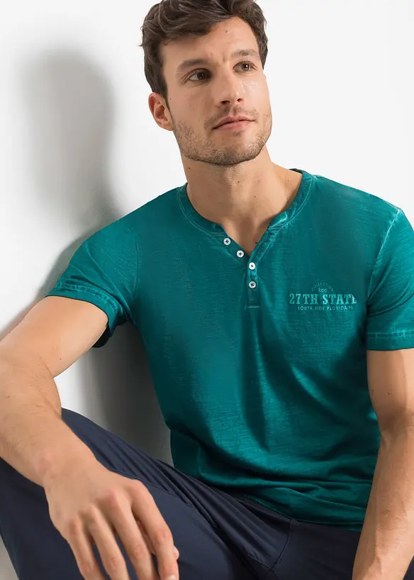 T-shirt col tunisien, aspect délavé, 100% coton, bonprix