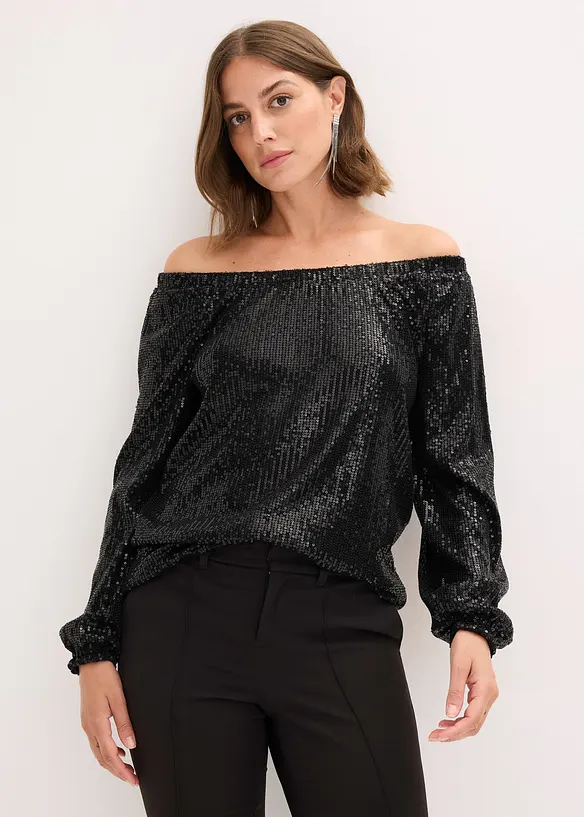 Carmenshirt, Oversized mit Pailletten, bonprix