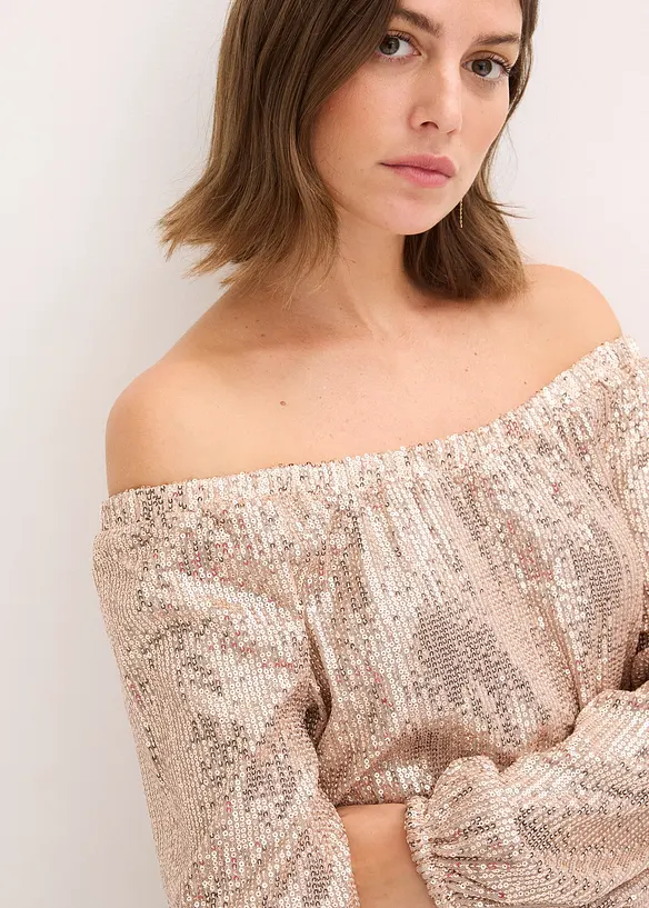 T-shirt oversize à sequins encolure Bardot, bonprix